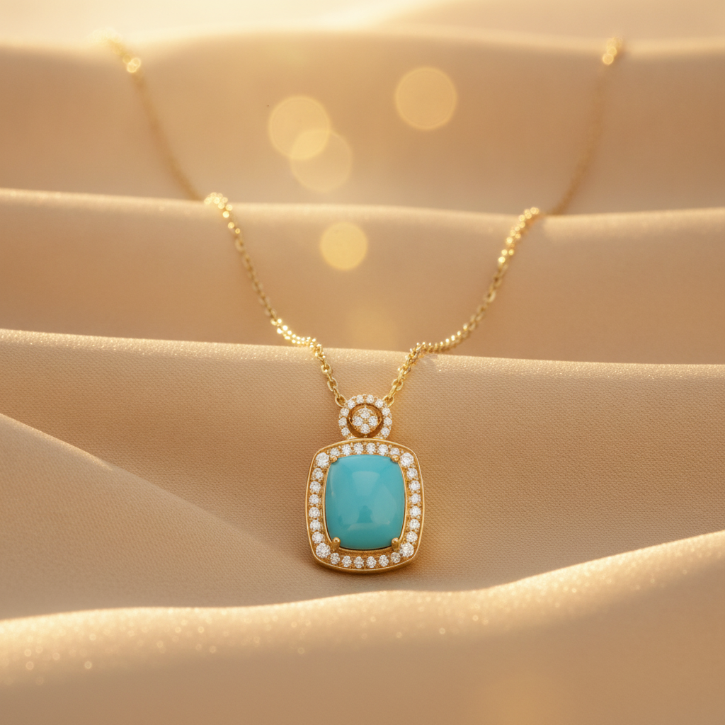 CP97443TQ12X10. 14K Solid Gold Diamond and Turquoise Pendant