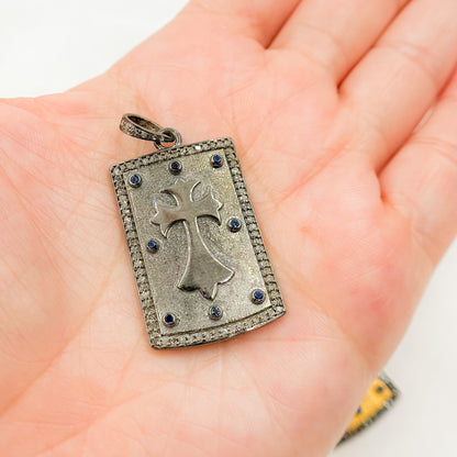 DP312. Diamond Sterling Silver Rectangle Cross Pendant with Gemstone