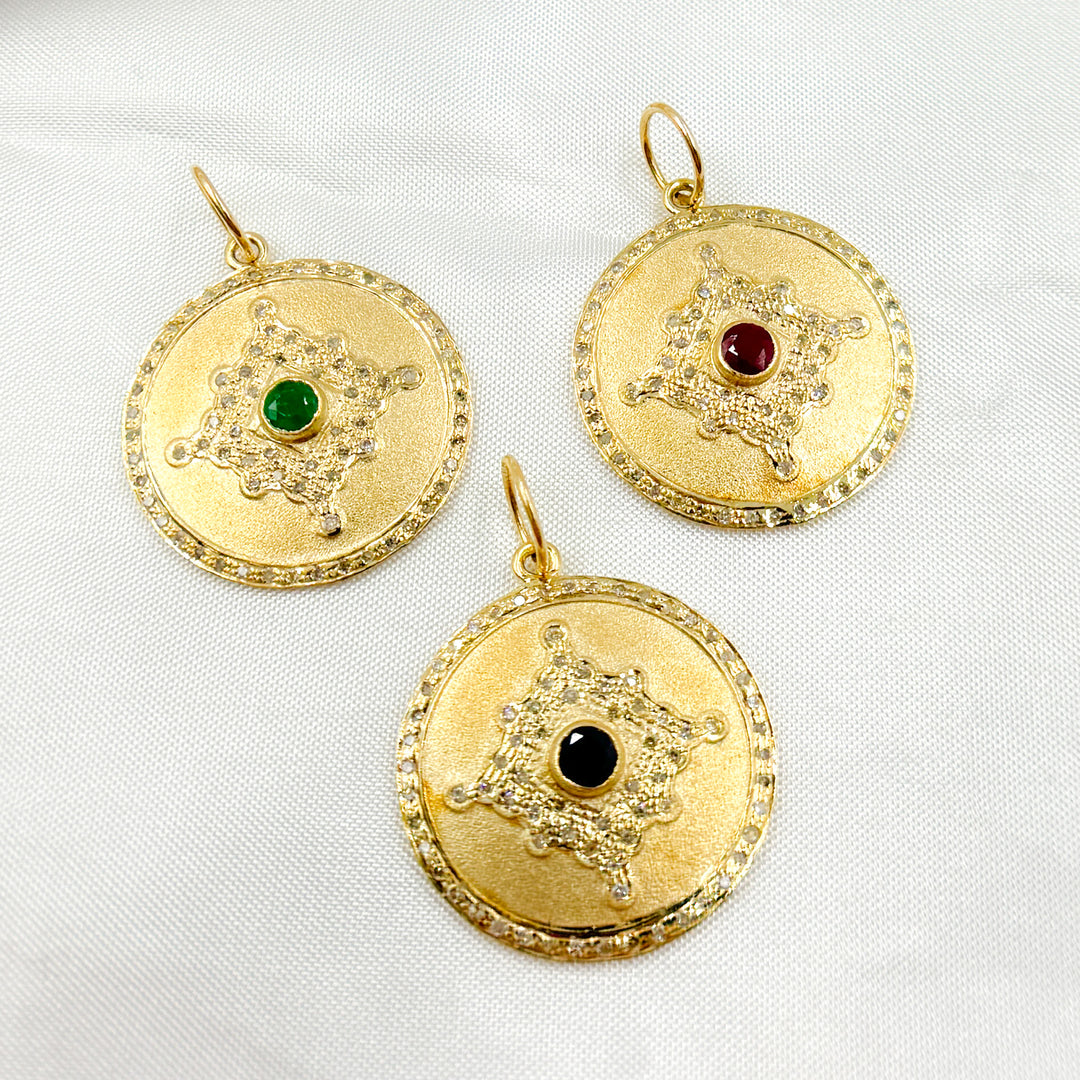 14K Solid Gold Diamond and Gemstone Round Charm. GDP245