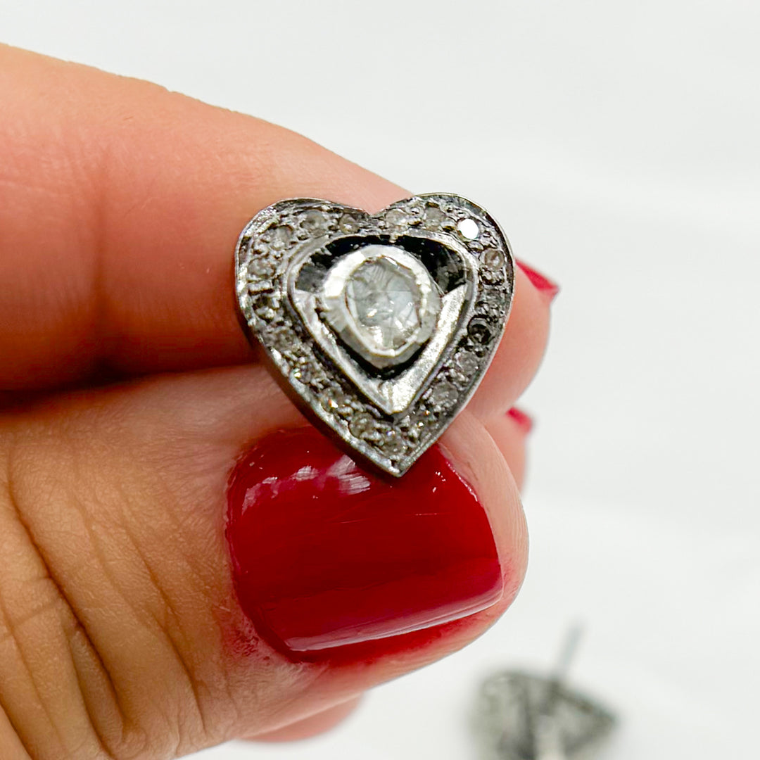 DE060. Diamond and Polki Diamond Sterling Silver Heart Studs