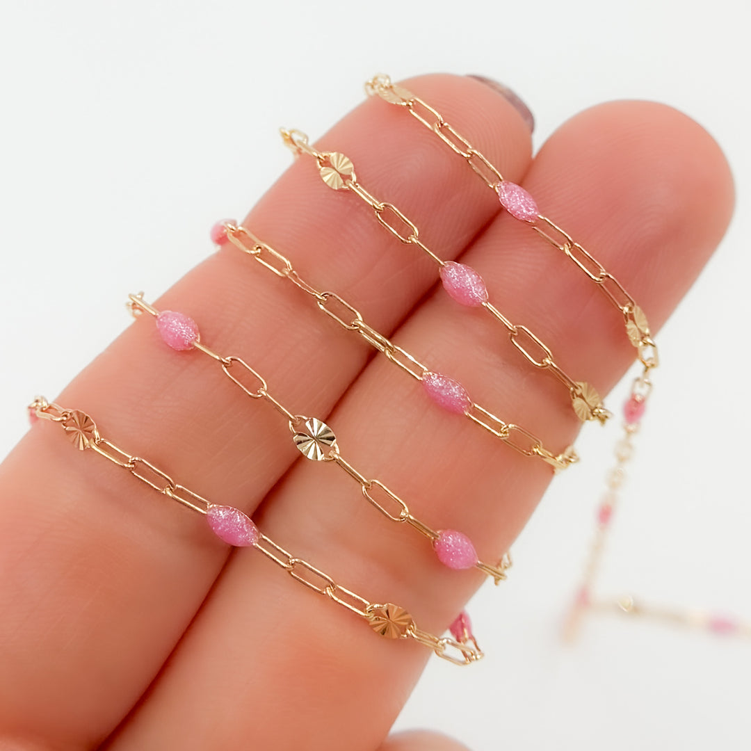 V295RSGF. 14K Gold Filled Rose Color Enamel with Paperclip and Diamond Cut Marina Links