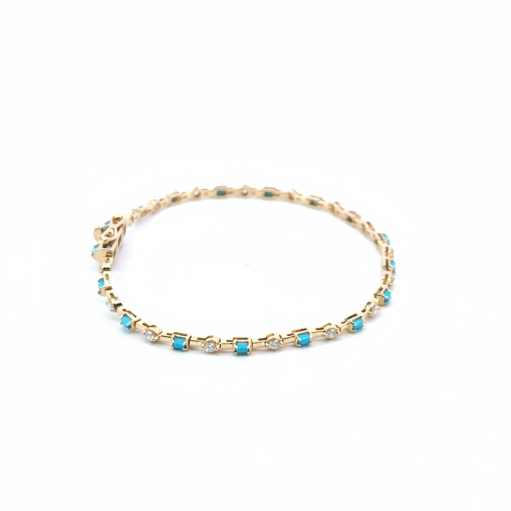 BFH60606TQ. 14K Solid Gold Diamond and Turquoise Fancy Bracelet