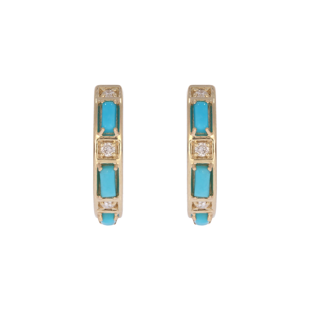 EHC57728TQ. 14K Solid Gold Turquoise and Diamond Hoops