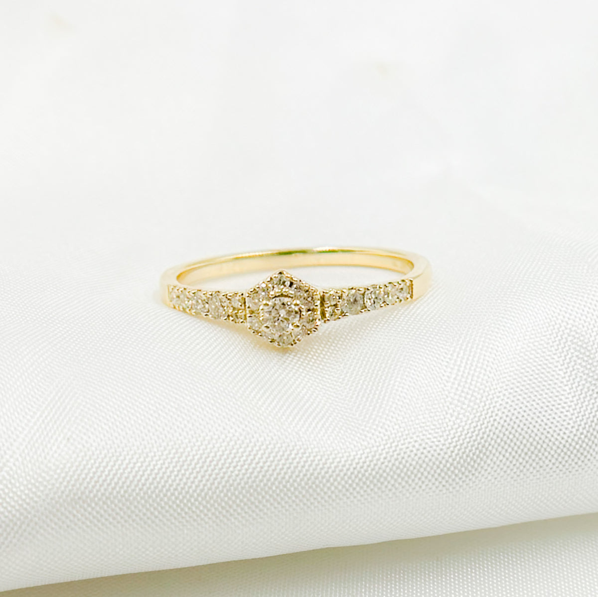 14K Solid Yellow Gold Diamond Hexagon Ring.