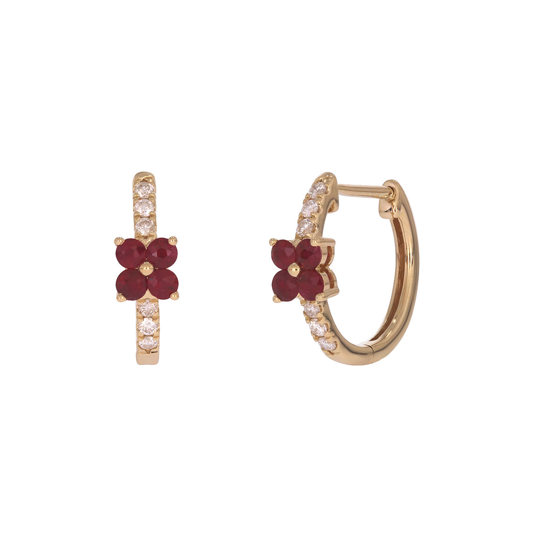 EHC57662. 14K Solid Gold Floral Diamond & Gemstone Hoop Earrings
