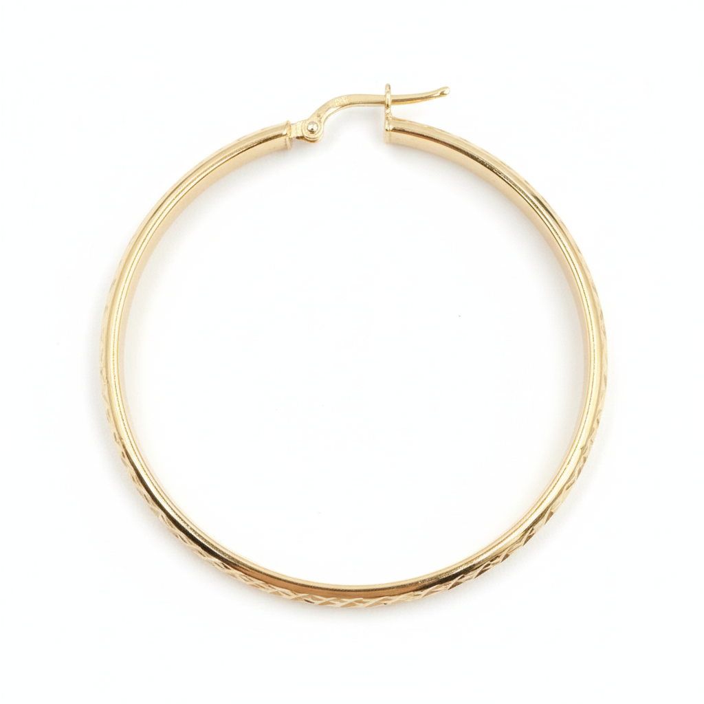 GER153. 14K Solid Gold Hollow Diamond Cut Hoop
