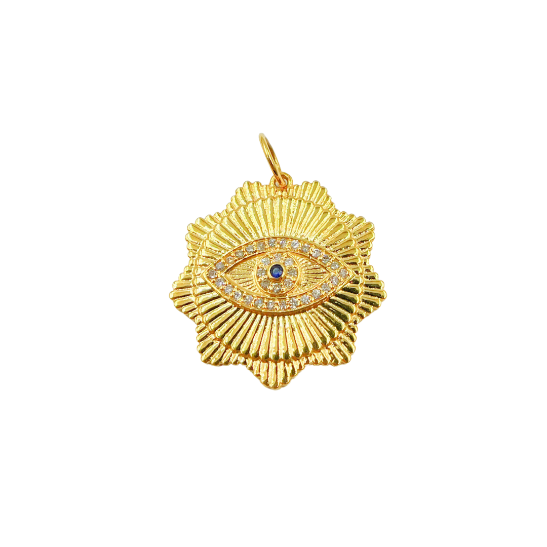 14K Solid Gold Diamonds and Blue Sapphire Flower Shape Evil Eye Charm. GDP302A