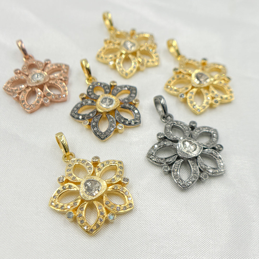 DP218. Polki Diamond & Sterling Silver Flower Pendant with Gemstones