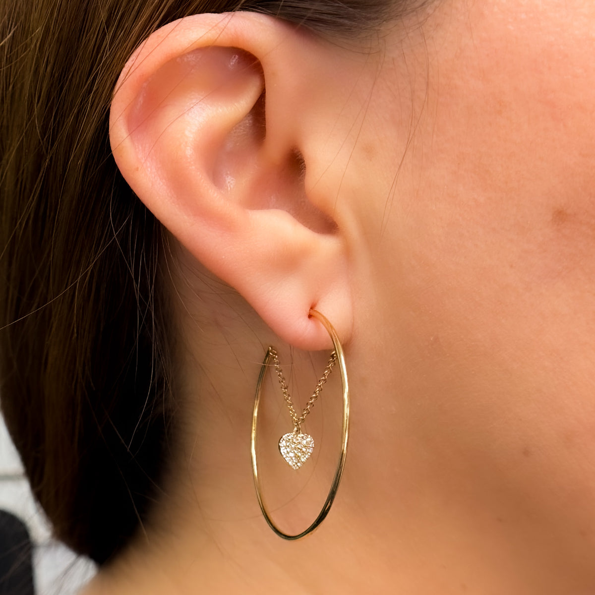 Solid Yellow Gold Diamond Heart Dangle Hoops Earrings