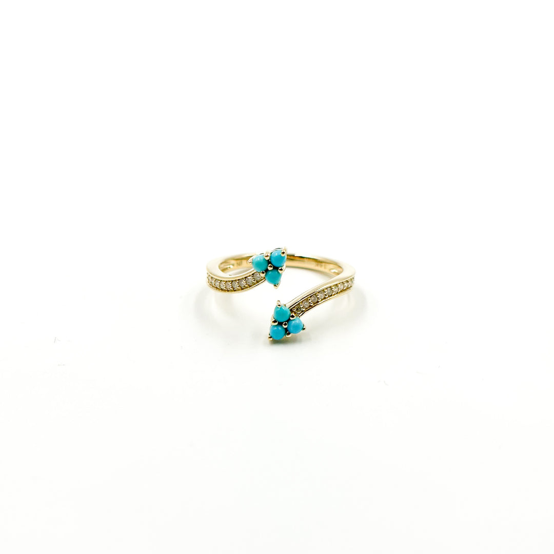 14K Solid Yellow Gold Diamond and Turquoise Open Triangle Ring