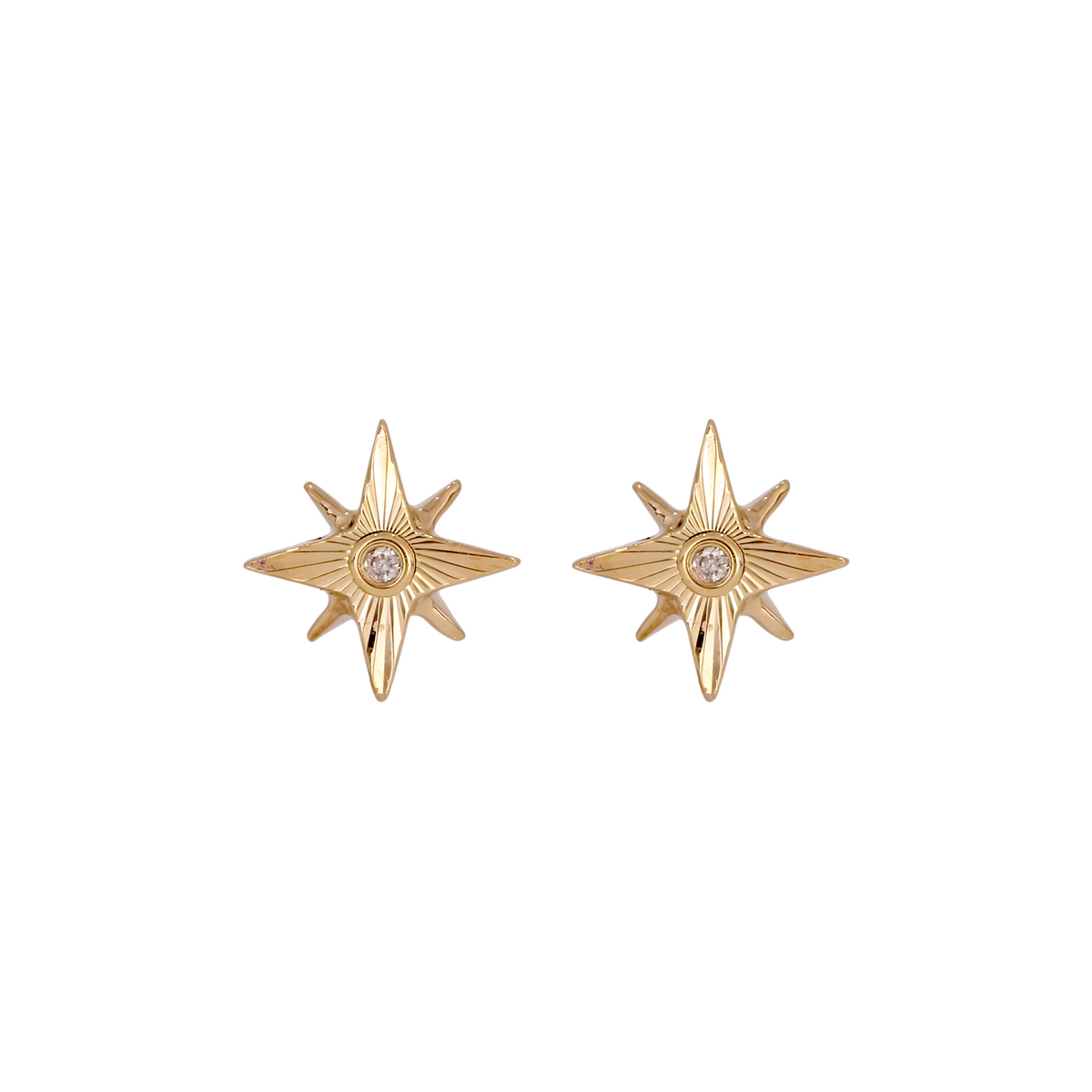 14K Solid Gold Diamond Star Stud Earrings