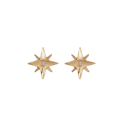 14K Solid Gold Diamond Star Stud Earrings