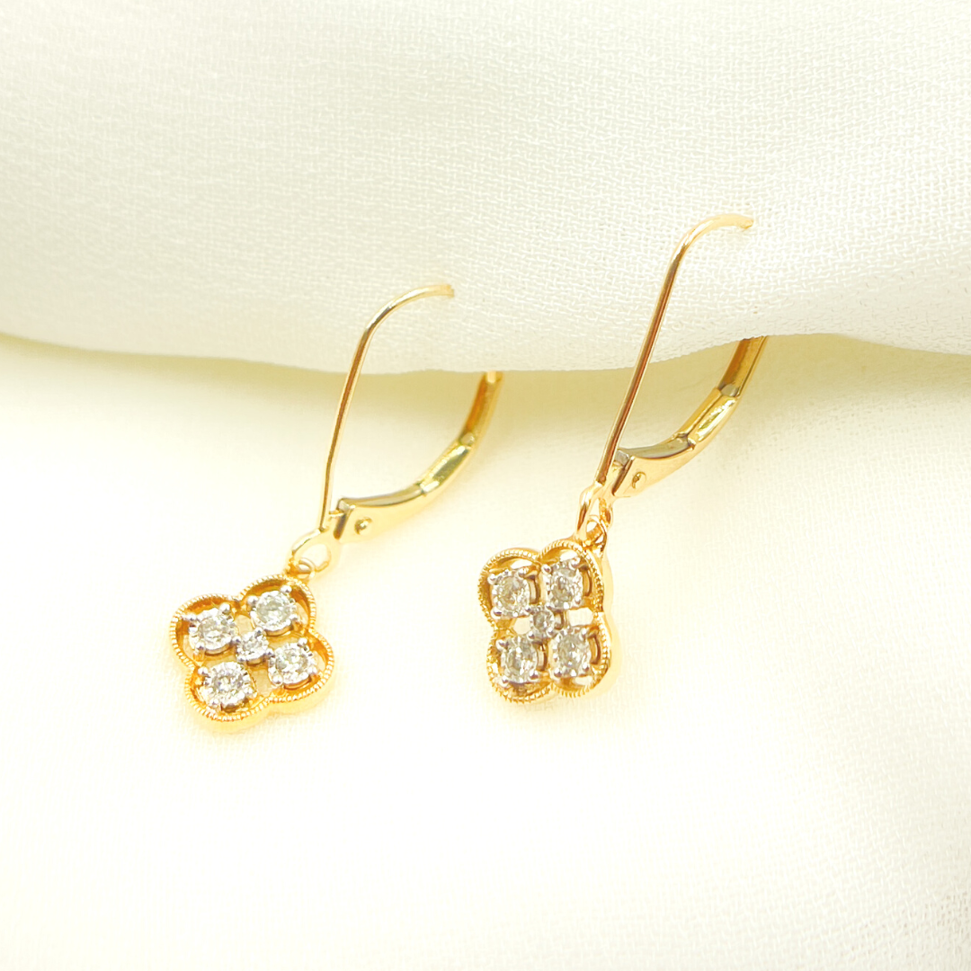 14K Solid Gold and Diamonds Flower Dangle Earrings. GDT63