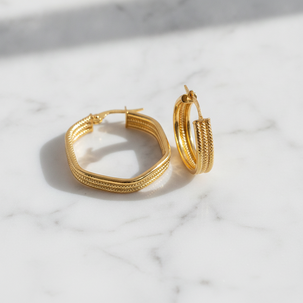 15850023956. 14K Solid Gold Smooth and Textured Hexagonal Hollow Hoop Earrings