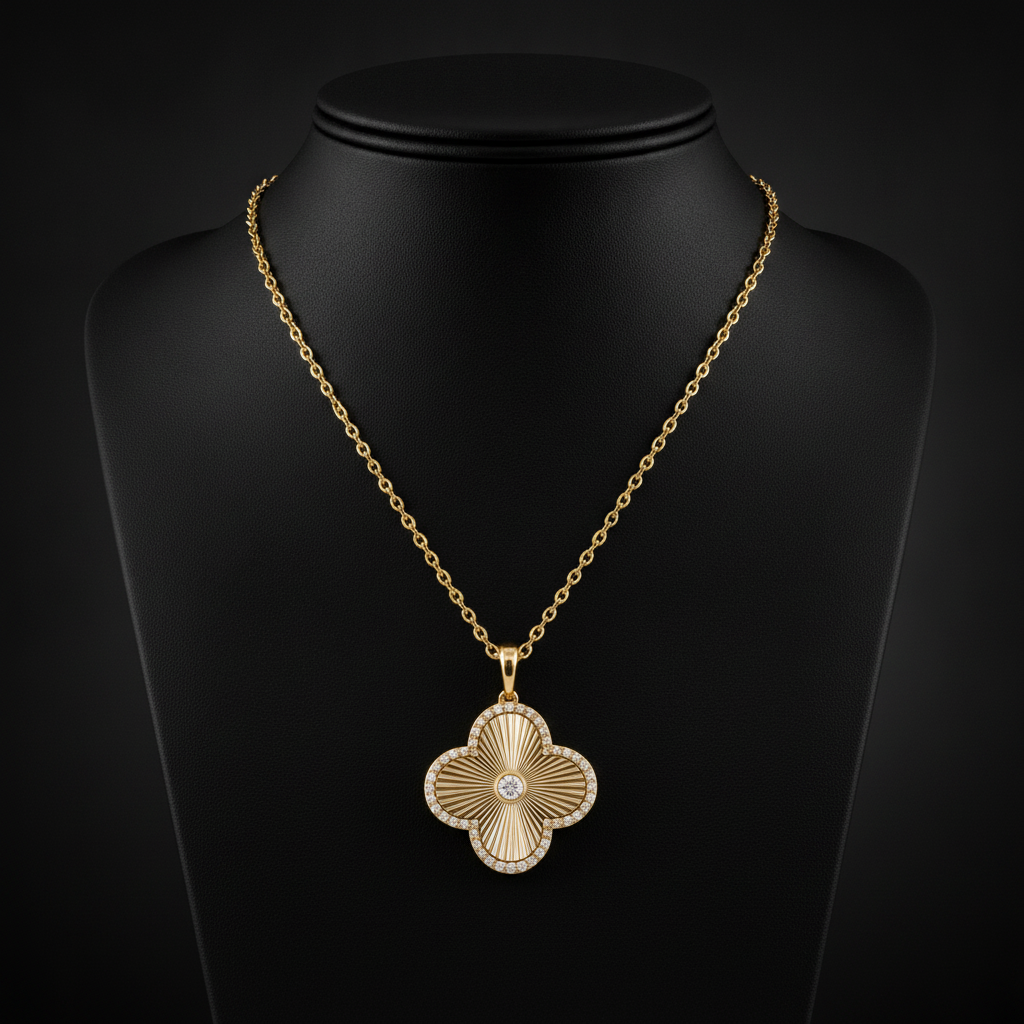 PFE33137. 14K Solid Gold Clover Diamond Necklace