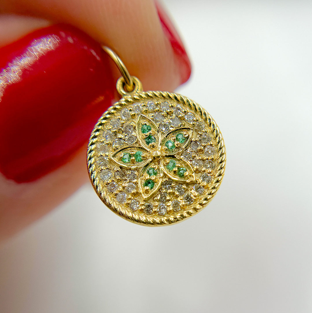 14K Solid Gold Diamond and Gemstone Flower Circle Charm. GDP364