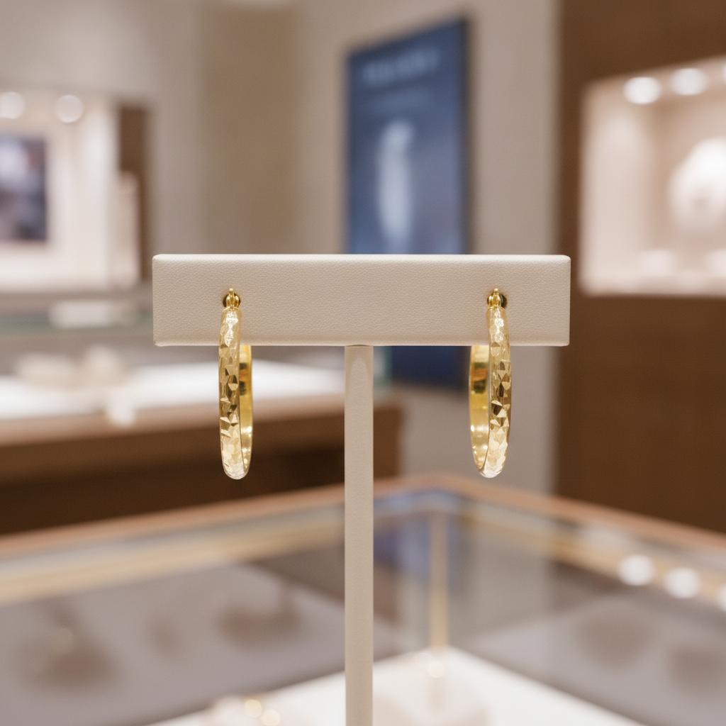 GER59. 14K Gold Diamond Cut Hollow Hoop Earrings