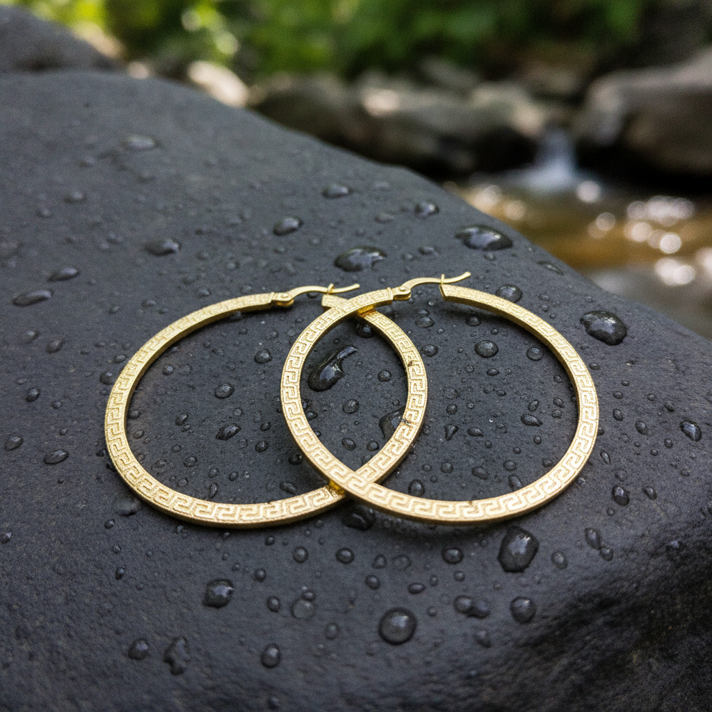 GER123. 14K Solid Gold Hollow Hoop with Engraving