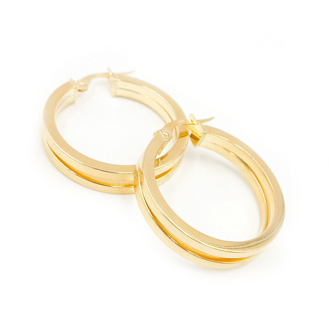 15850021299. 14K Solid Gold Fancy Hollow Double Hoop Earrings