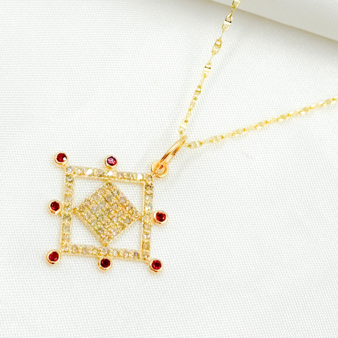 GDP543. 14K Solid Gold Fancy Square Charm with Diamond and Gemstones