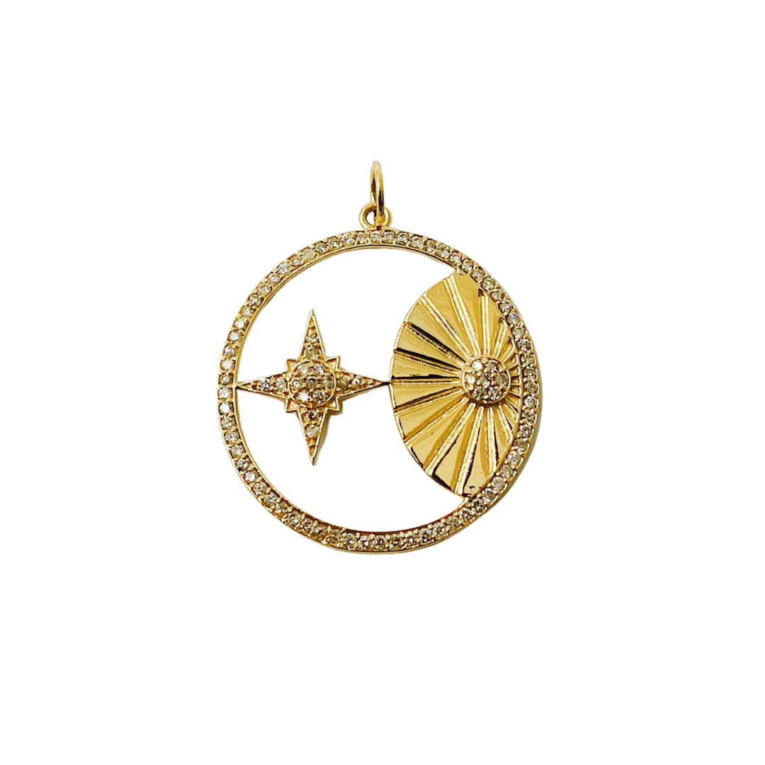 14K Solid Gold Diamond Circle Charm with Sun and Star in the Center. GDP07