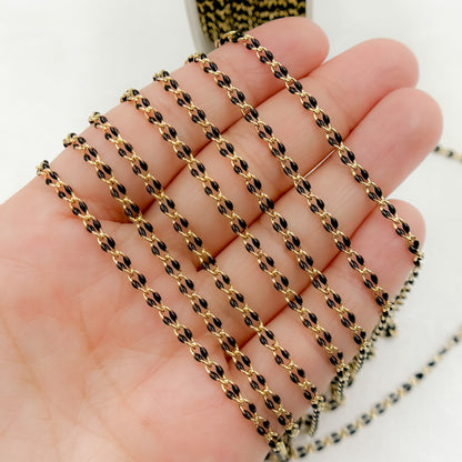 Sterling Silver Gold Plated Black Enamel Cable Link Chain