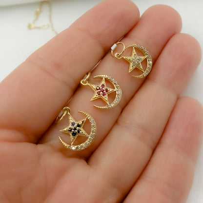 GDP403. 14k Solid Gold Diamond and Gemstone Moon and Star Charm