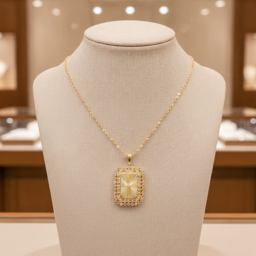 PFH33152. 14K Solid Gold Diamond Rectangle Necklace