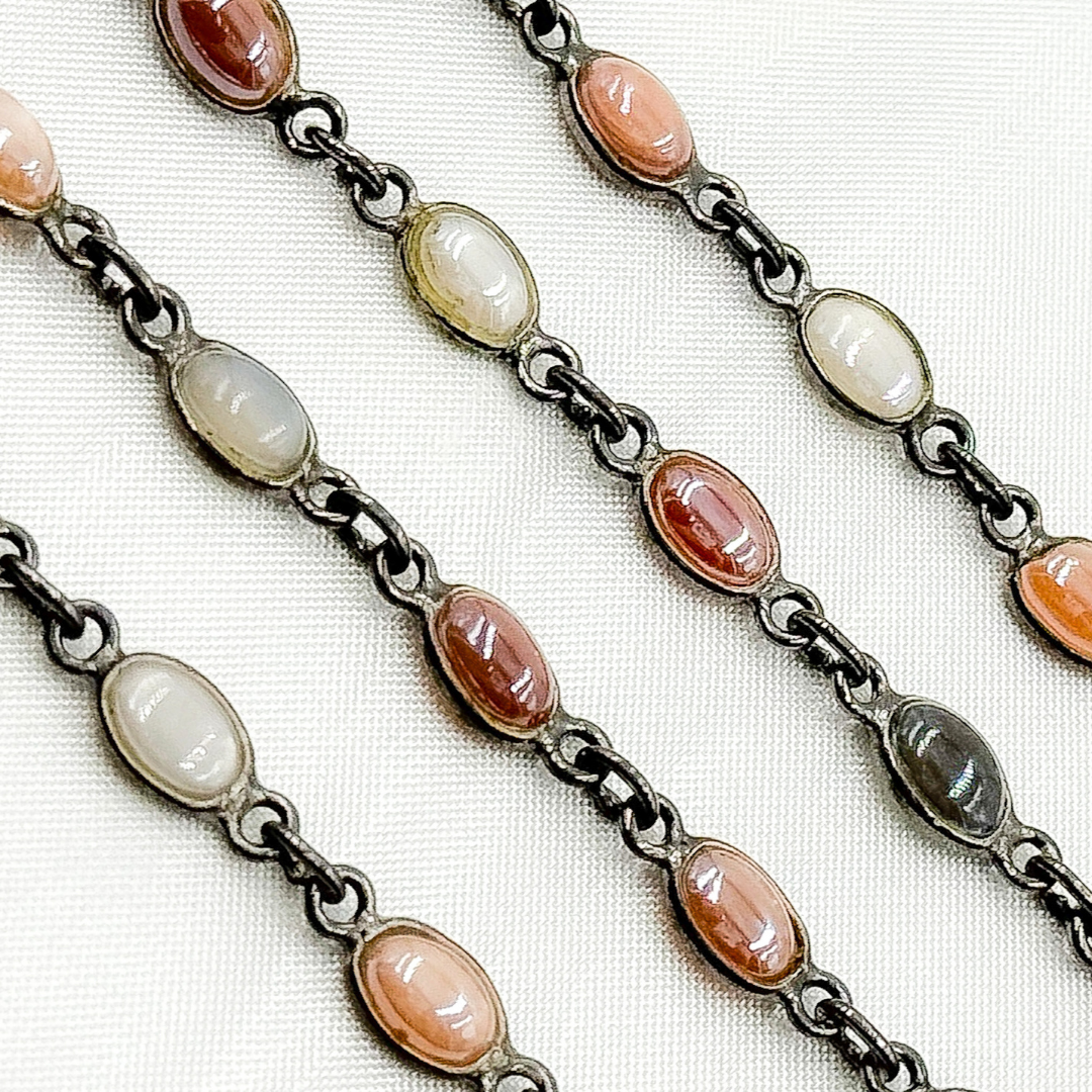 CMS106. Coated Multi Moonstone Oval Shape Bezel Oxidized Wire Chain