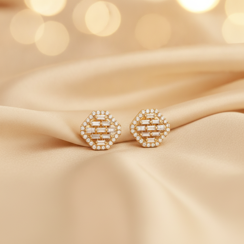 EFI54501. 14K Solid Gold Diamond Baguette Octagon Stud Earrings