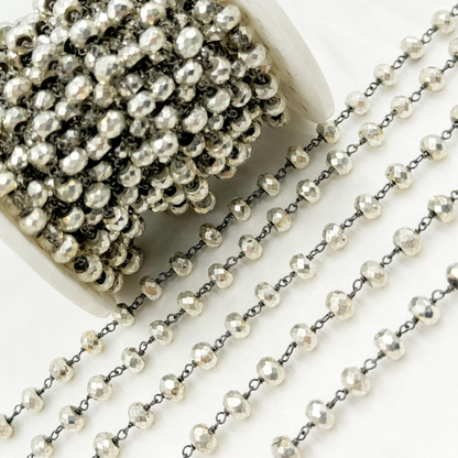 Steel Pyrite Faceted Rondel Oxidized 925 Sterling Silver Wire Chain.  PYR69