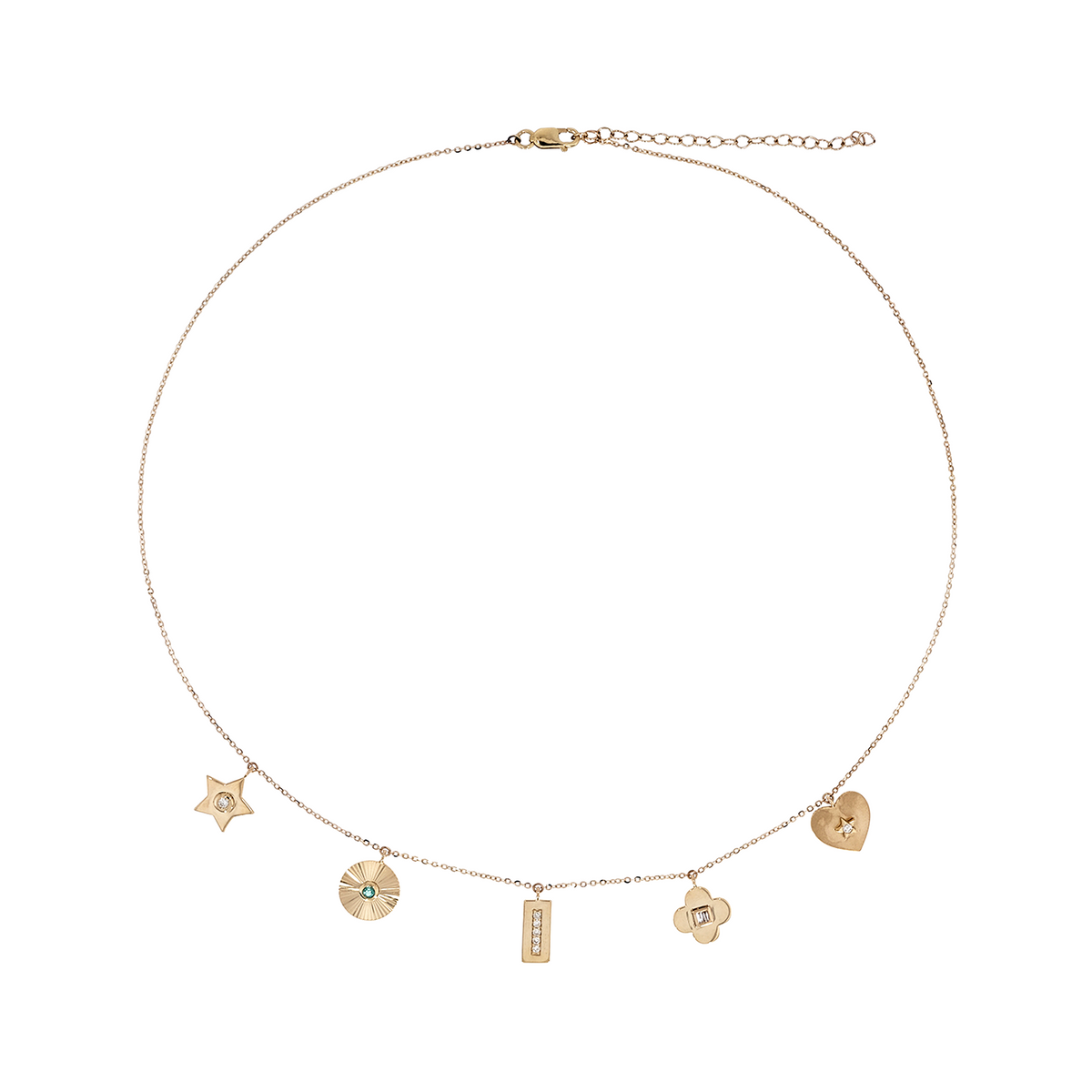 NFC72159EM. 14K Solid Gold Diamond and Emerald Mix Shapes Fancy Necklace