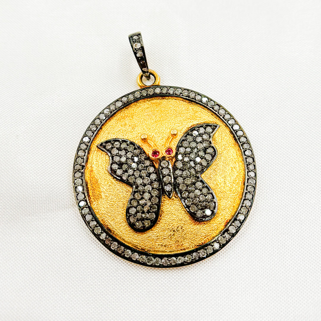 DP381. Diamond Sterling Silver Round Butterfly Pendant with Gemstone