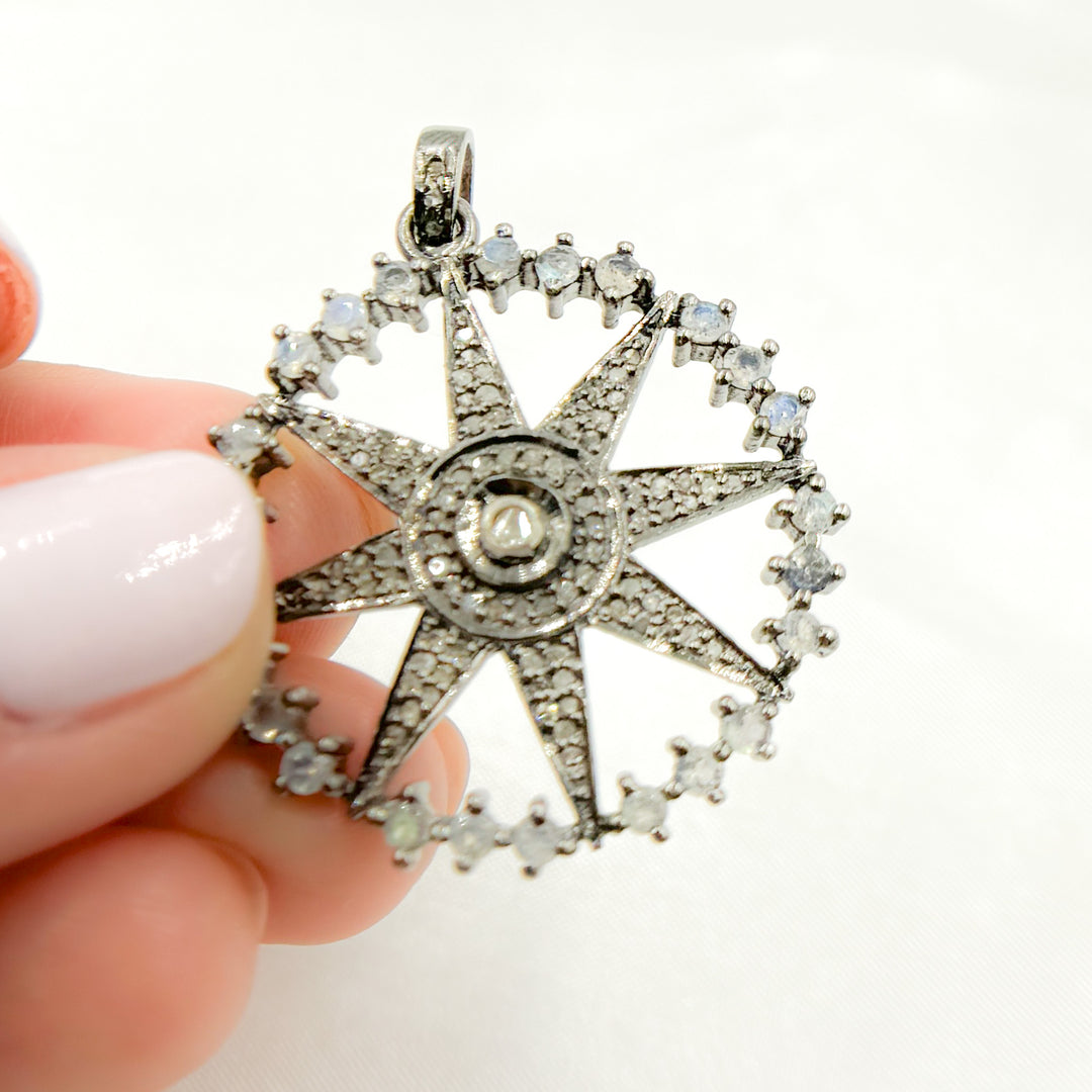 DSP065. Diamond Sterling Silver Round Star Pendant with Polki Diamond and Gemstone