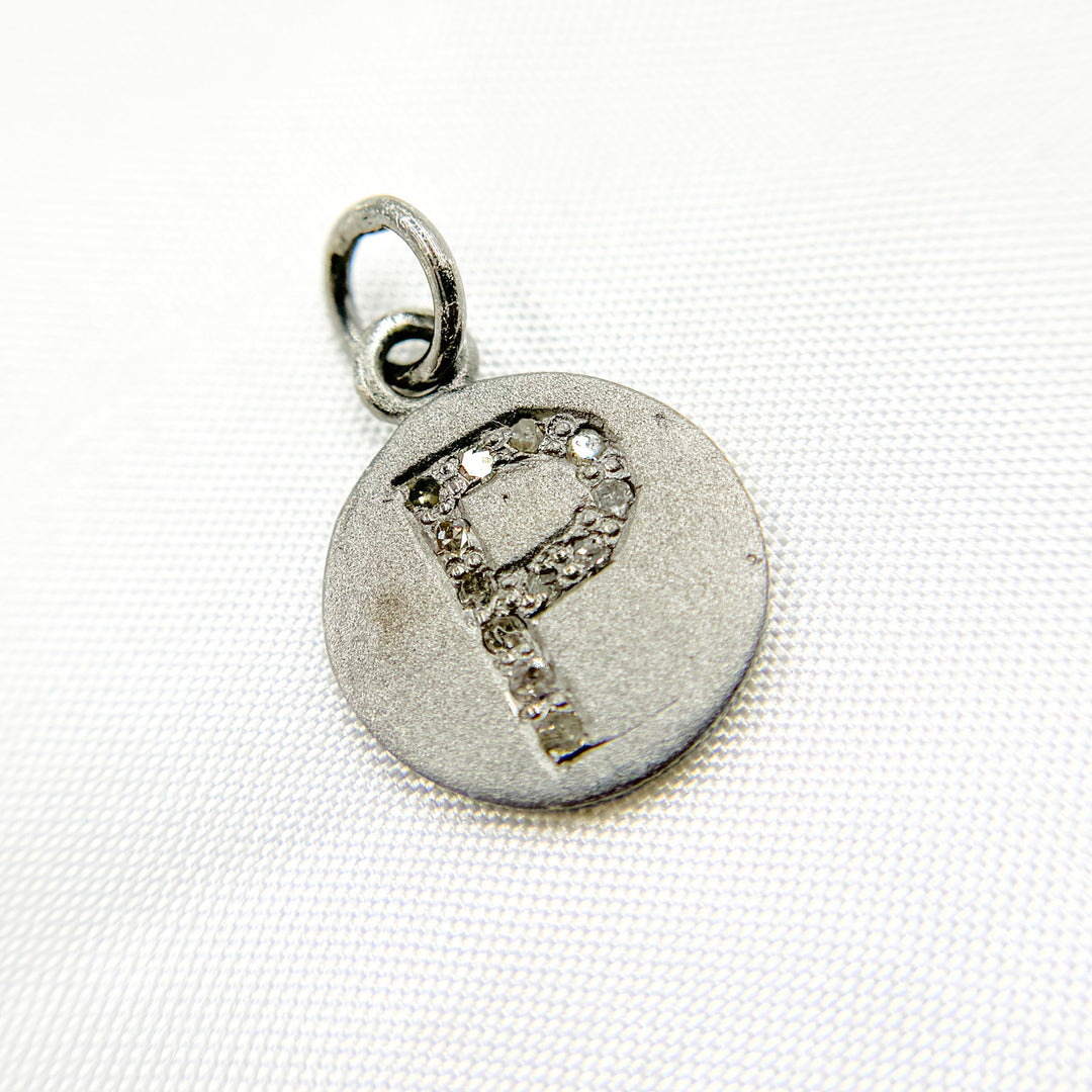 DC077. Diamond Sterling Silver Letter "P" Round Charm