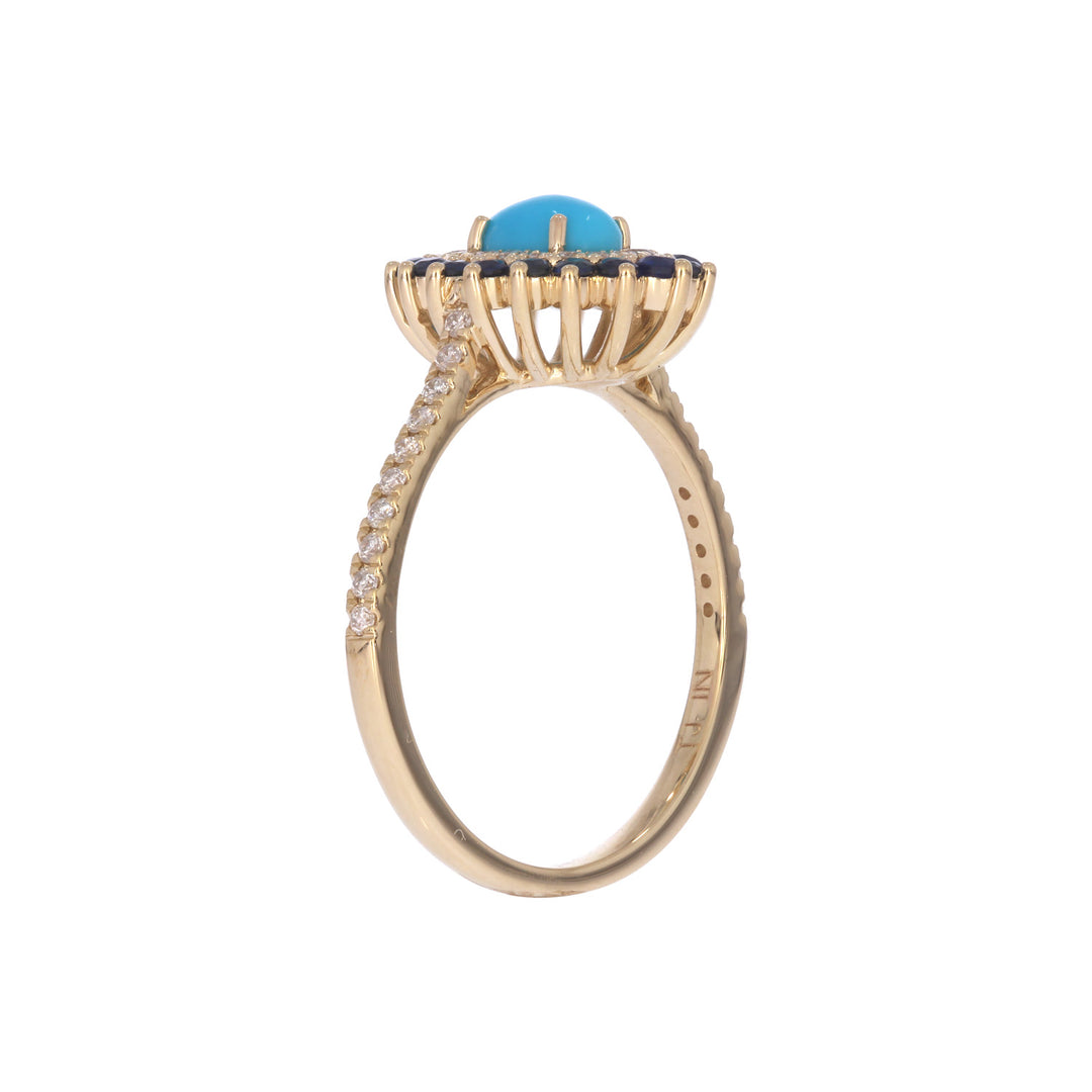 CR97513TQ6X4. 14k Solid Gold Turquoise, Blue Sapphire and Diamond Fancy Ring