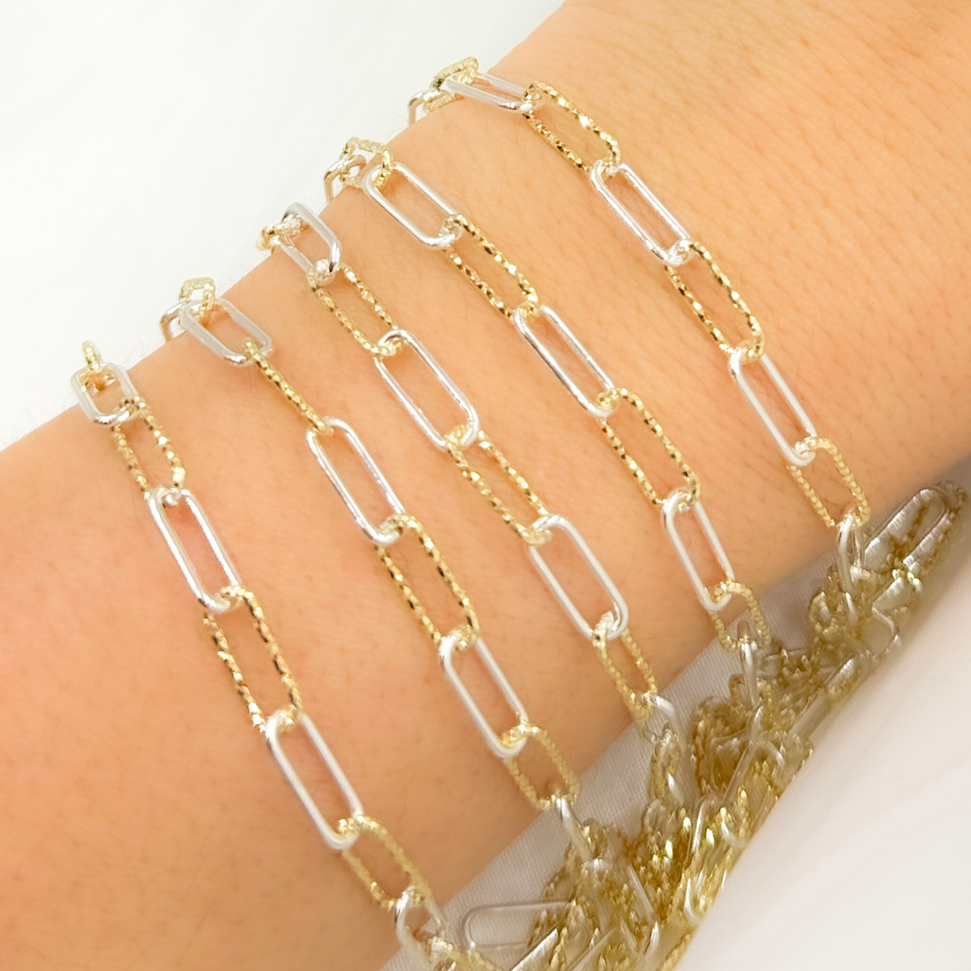 V32GS. Gold Plated 925 Sterling Silver Paperclip Smooth and Diamond Cut Link Chain