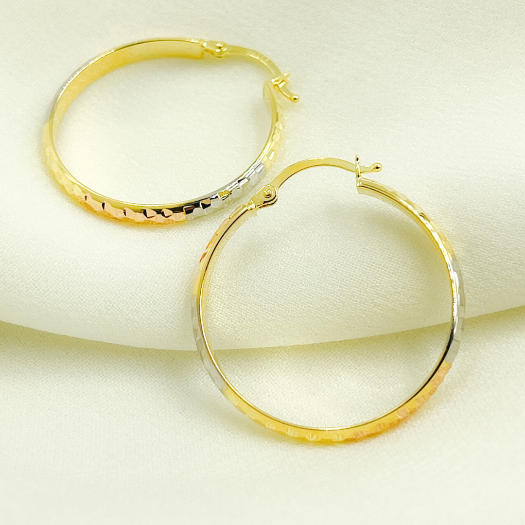 GER75. 14K Gold Diamond Cut Tri-Color Hollow Hoop Earrings