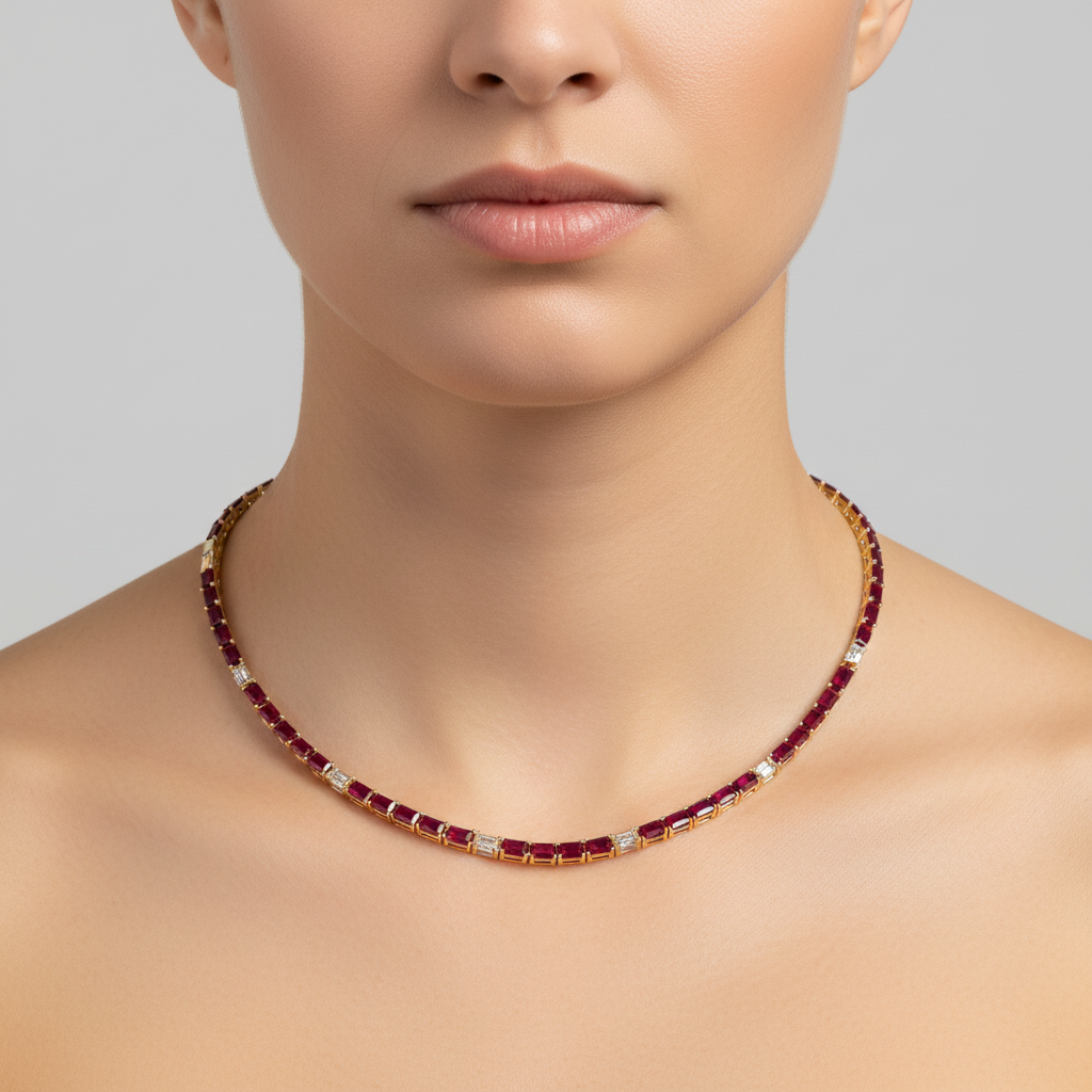 CN97276RU5X3. 14K Solid Gold Diamond and Ruby Tennis Necklace