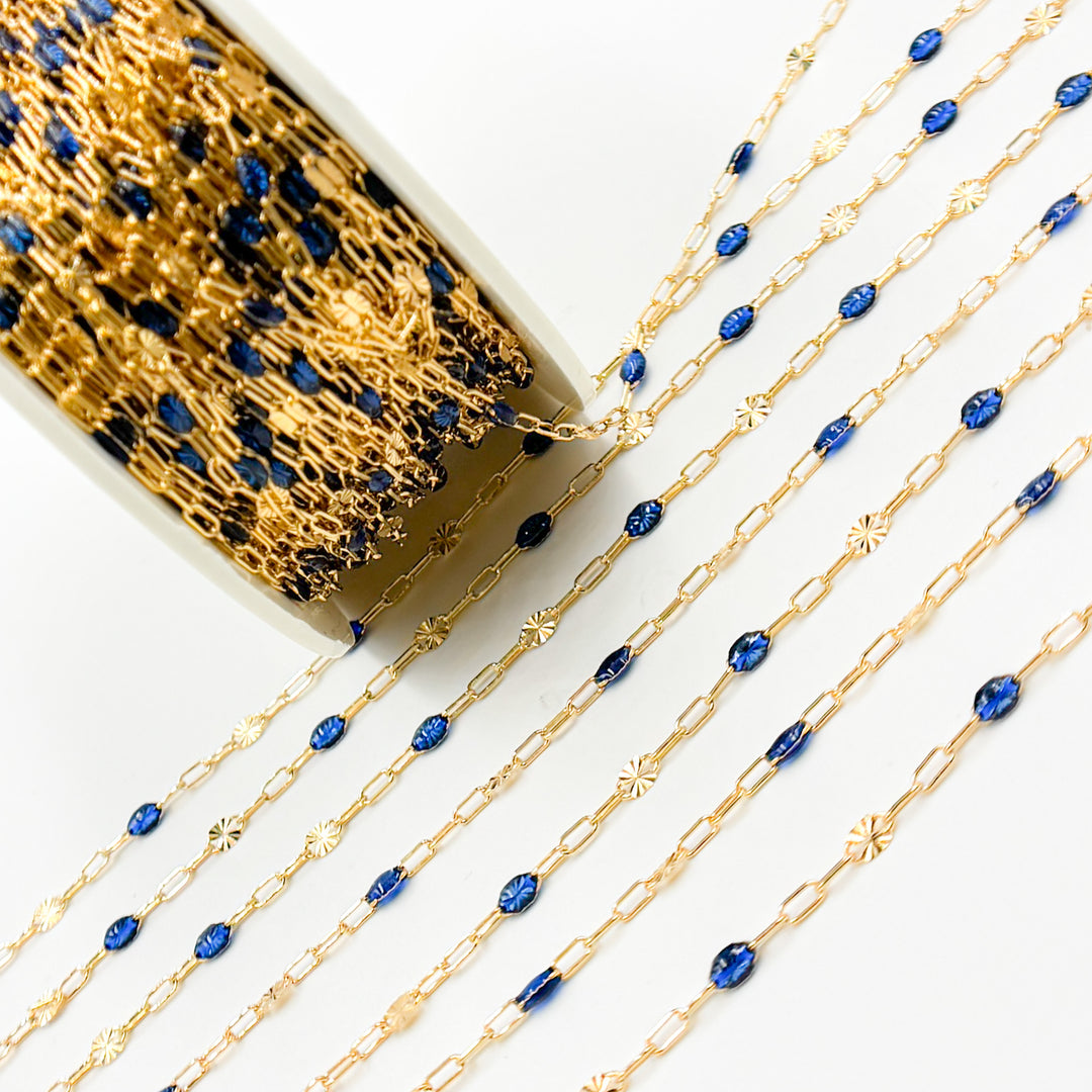 V295BLGF. 14K Gold Filled Blue Color Enamel with Paperclip and Diamond Cut Marina Links