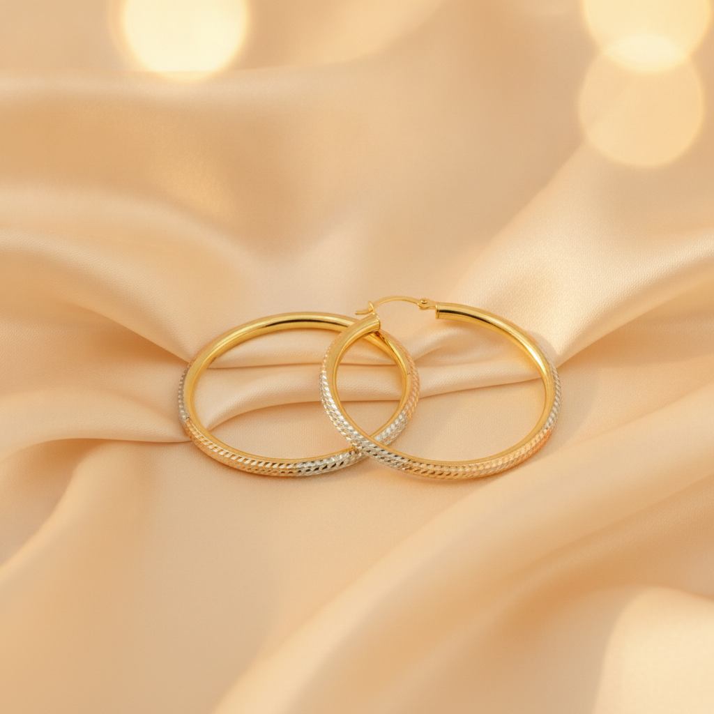GER66. 14K Gold Tri-Color Hoop Earrings with Engraved Tornado Design