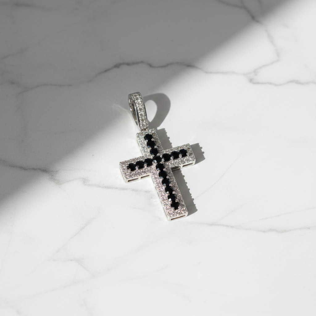 PFC44469BS. 14K Solid Gold Cross Diamond and Blue Sapphire Charm