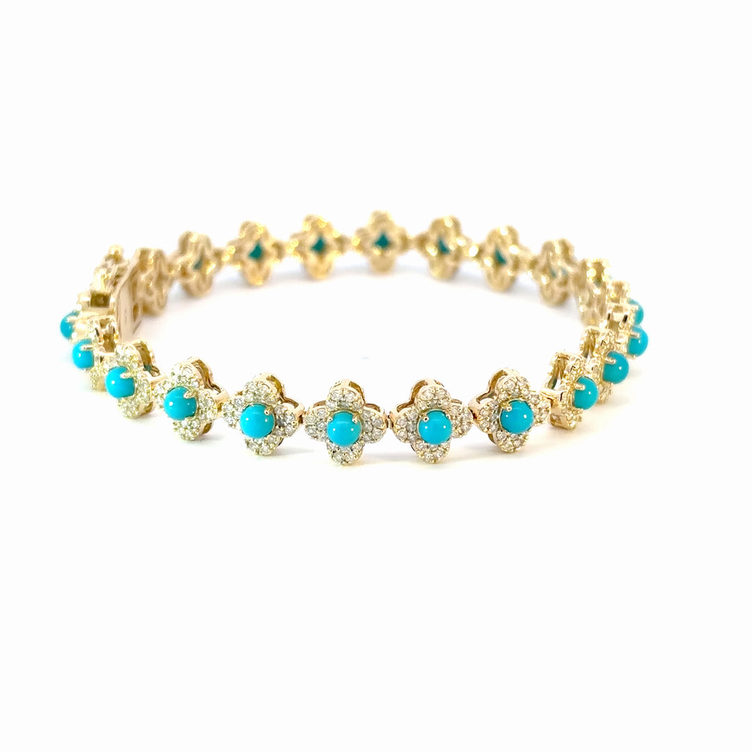BR402766. 14K Solid Gold Diamond and Turquoise Flower Bracelet