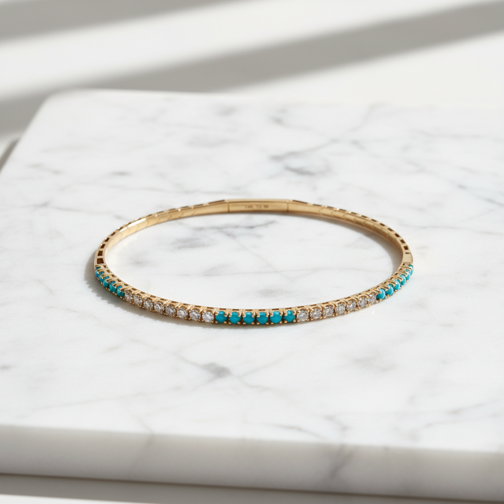 BNH68545. 14K Solid Yellow Gold Diamond and Gemstone Bangle