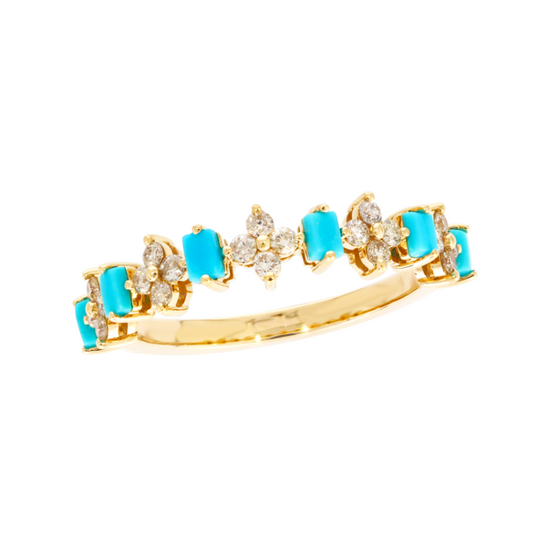 14K Solid Yellow Gold Diamond and Turquoise Flower and Baguette Ring