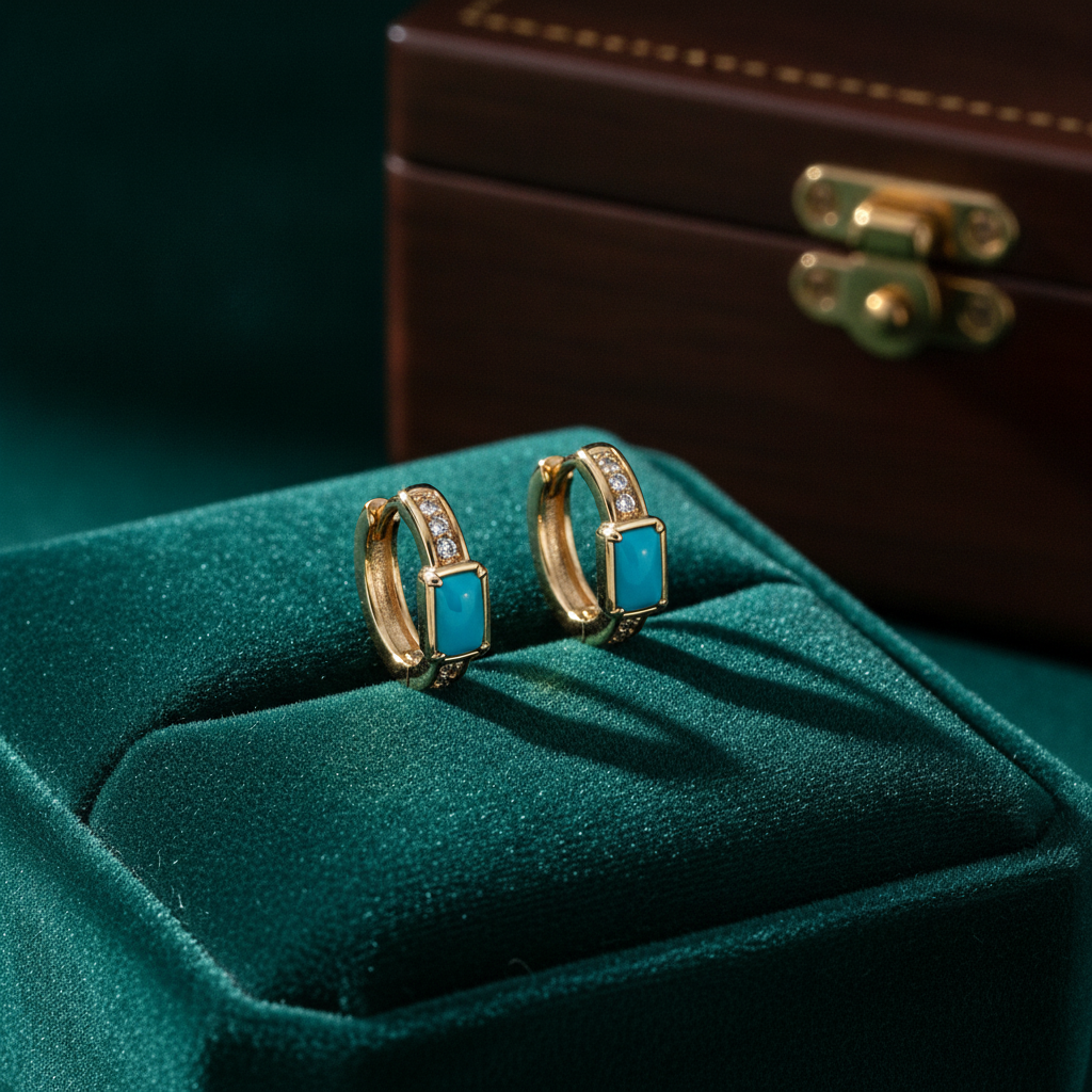 CE97352TQ5X3. 18K Solid Gold Diamond & Turquoise Earrings