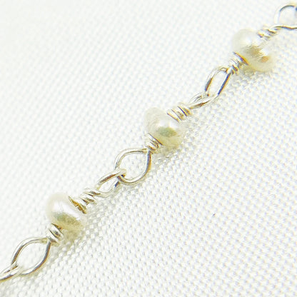 PRL51. White Freshwater Pearl 925 Sterling Silver Wire Chain