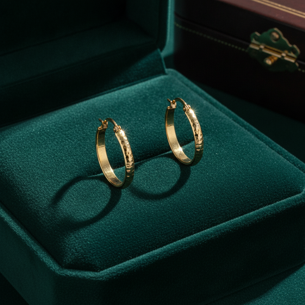 GER59. 14K Gold Diamond Cut Hollow Hoop Earrings