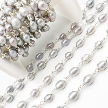 Buy Grey Pearl Oval Shape Sterling Silver Wire Chain