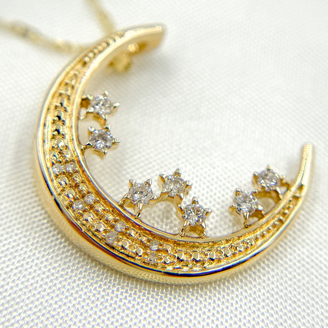 14k Solid Gold Diamond Moon and Stars Pendant. PFC30877